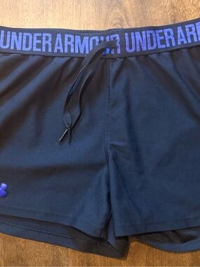 Under Armour HeatGear Black Running Shorts Blue Logo Size Small